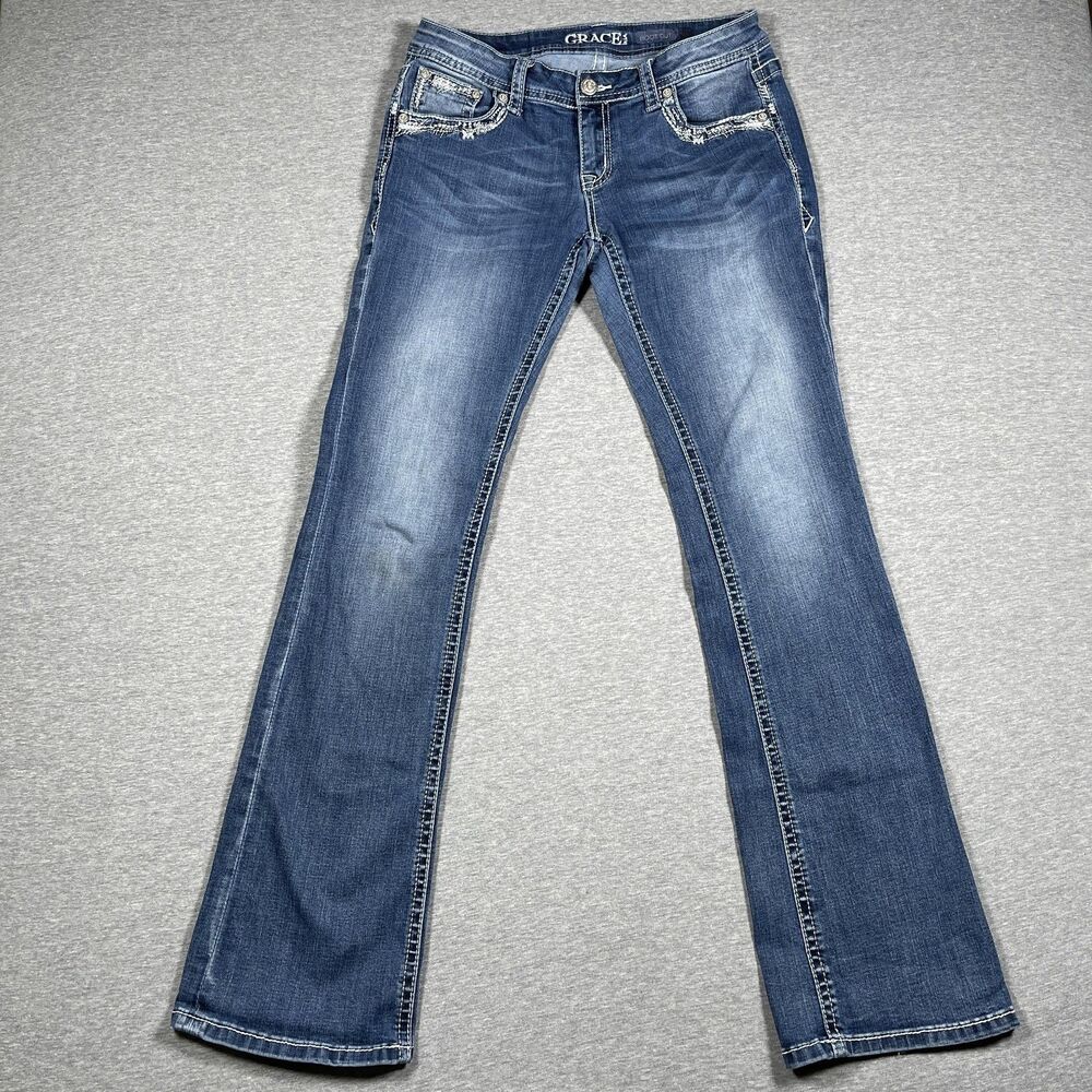 Grace In LA Jeans Womens 30 Blue Bootcut Embroidered Rhinestone Studded Slim